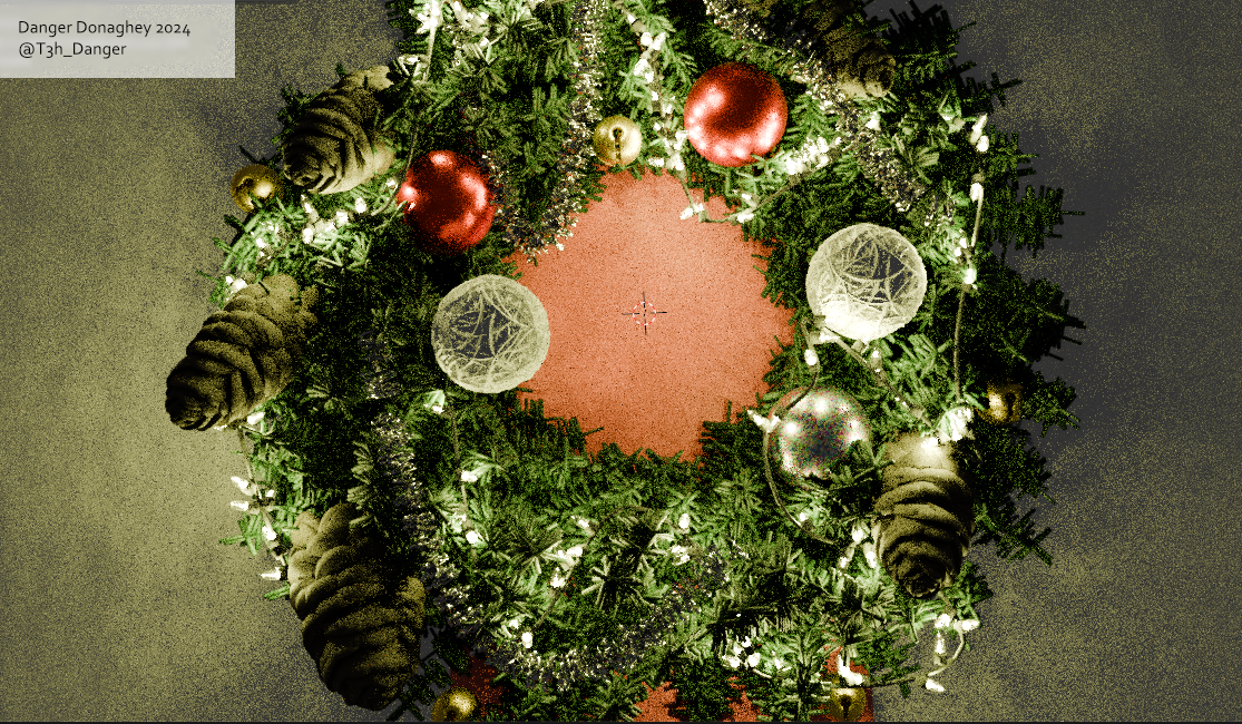 A delightful holiday wreath with warm moody lighting.